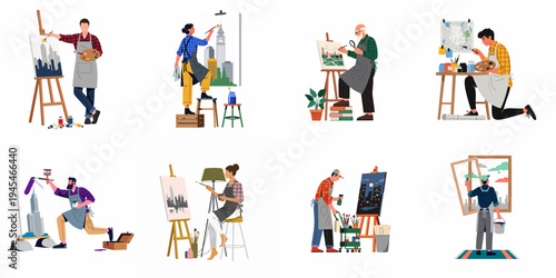 Diverse male and female artists painting landscapes and cityscapes on canvases and walls in studio settings flat vector illustration set