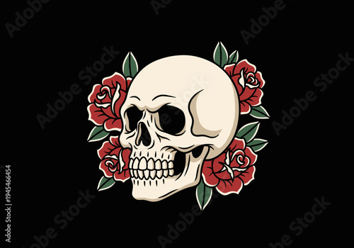 Skull and Roses Illustration Gothic Art.