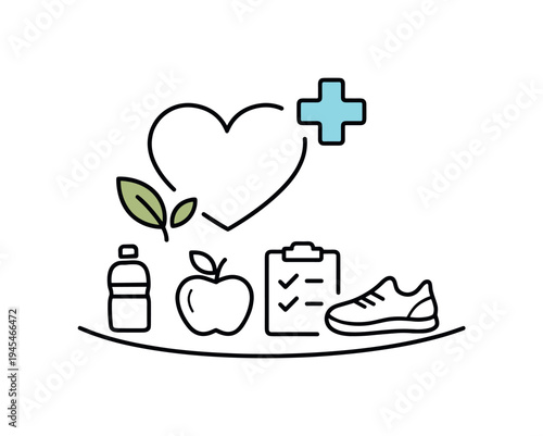 Personal health and daily wellness habits supporting an active and balanced lifestyle, a simple heart symbol beside a small leaf and a medical cross representing healthy living, prevention