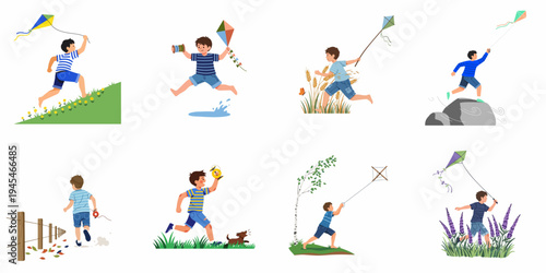 Set of eight illustrations showing a young boy flying a kite in various outdoor environments including hills, fields, and windy weather.