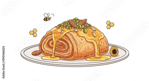 Vector illustration of honey glazed pastry with bees