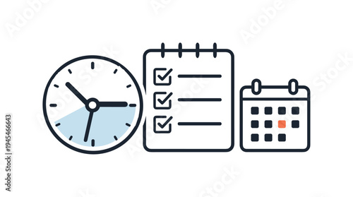 Focused time management and structured productivity for professionals balancing tasks, deadlines, and priorities in a busy work routine, a simple clock beside a checklist and a small