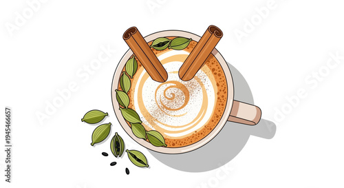Vector illustration of a cup of coffee with cinnamon sticks and leaves
