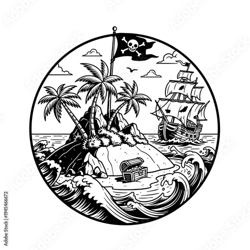 Pirate Treasure Island with Ship and Skull Flag.