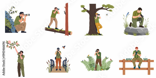 Set of illustrations depicting birdwatchers and wildlife photographers observing and photographing birds in various natural environments like forests, marshes, and parks.