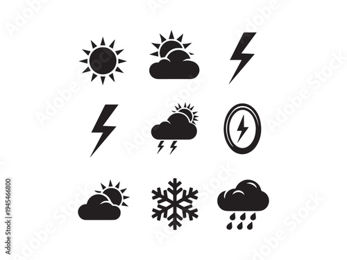 Weather icons set including sun cloud lightning snow and rain symbols for forecasting and climate representation