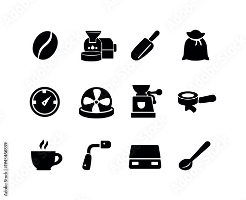 Coffee roasting process: coffee bean, roasting drum machine, roasting scoop, burlap bean sack, temperature gauge, cooling tray fan, grinder mill, espresso portafilter, coffee cup, steam wand