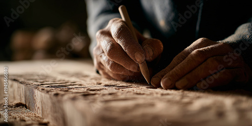 Closeup of skilled craftsmans hands carving intricate details into a wooden surface with a pointed tool, surrounded by sawdust Concept of woodworking, craftsmanship, and artisanal skill