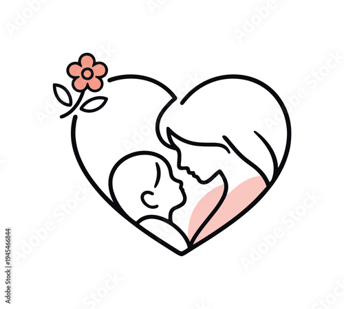 Mother's Day expressing appreciation for care, support, and everyday moments shared with mothers, a simple heart combined with a small flower and mother child silhouette symbolizing love