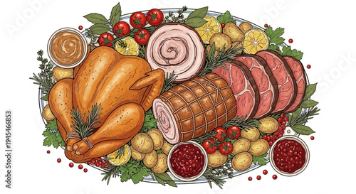 Vector illustration of roasted turkey, ham, and holiday meal on platter
