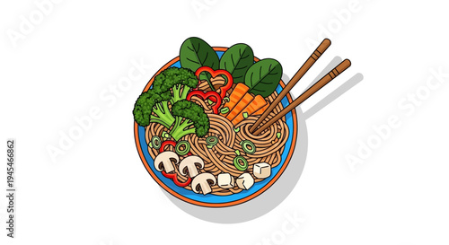 Vector illustration of a bowl of noodles with chopsticks