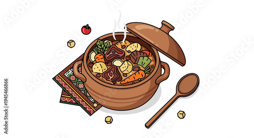 Vector illustration of a clay pot with stew and vegetables
