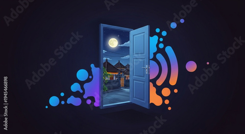 Vivid conceptual art of an open doorway transitioning between realms, displaying a serene moonlit landscape enveloped by flowing abstract energy and colorful liquid elements