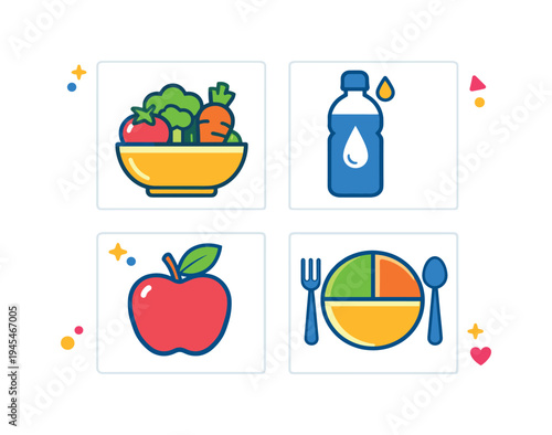 Healthy nutrition awareness encouraging balanced meals, hydration, and mindful eating habits that support long-term wellbeing and sustainable daily energy, four simple icons representing a