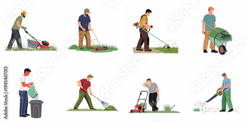 Collection of male workers performing various gardening and lawn care tasks, including mowing, raking, trimming, and blowing leaves, in a flat illustration style.