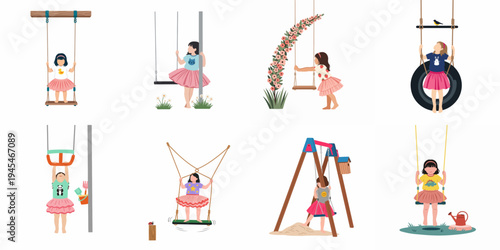 A collection of flat vector illustrations featuring a young girl in a pink tutu playing on various swings and playground equipment on white.