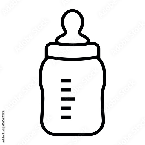 Minimalist black and white icon of baby food jar with spoon. Concept of infant nutrition, baby feeding and childcare. Suitable for apps, web design and packaging.