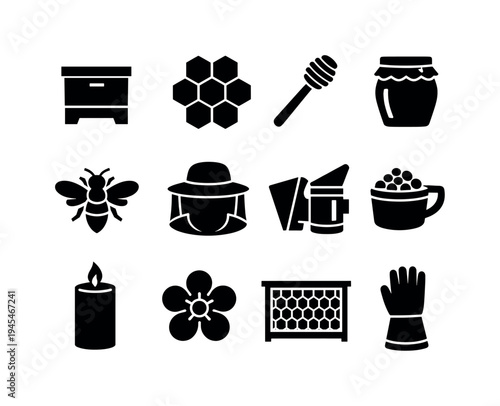 Beekeeping and honey production: beehive box, honeycomb hexagon, honey dipper stick, honey jar, bee with wings, beekeeper hat veil, smoker can, pollen basket, wax candle, flower blossom