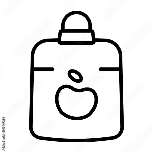 Minimalist black and white icon of baby food jar with spoon. Concept of infant nutrition, baby feeding and childcare. Suitable for apps, web design and packaging.
