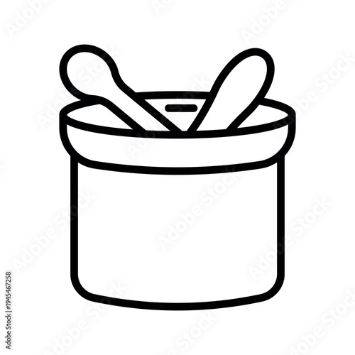 Minimalist black and white icon of baby food jar with spoon. Concept of infant nutrition, baby feeding and childcare. Suitable for apps, web design and packaging.