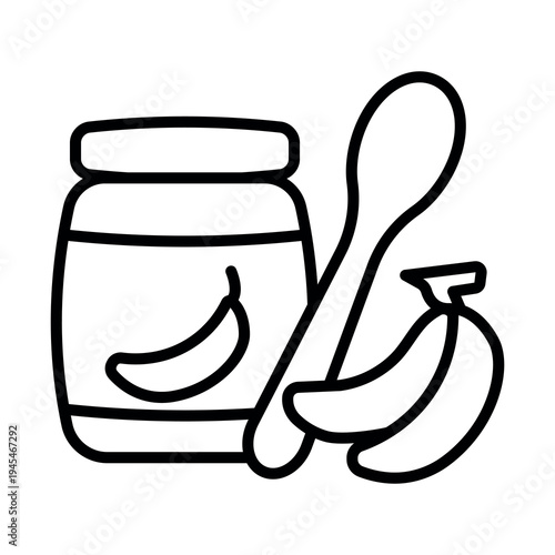 Minimalist black and white icon of baby food jar with spoon. Concept of infant nutrition, baby feeding and childcare. Suitable for apps, web design and packaging.