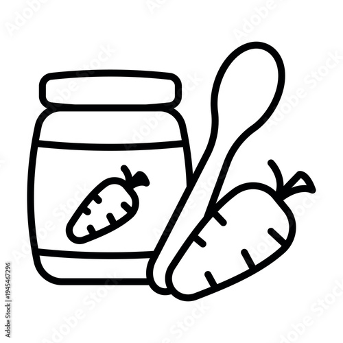 Minimalist black and white icon of baby food jar with spoon. Concept of infant nutrition, baby feeding and childcare. Suitable for apps, web design and packaging.