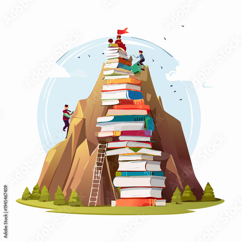 A conceptual illustration of climbers scaling a massive stack of colorful books. Represents the journey of learning, academic success, literacy, and reaching the peak of wisdom