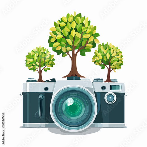 Conceptual art featuring a classic SLR camera with lush trees sprouting from the top. A metaphor for eco-photography, organic inspiration, and capturing the beauty of the natural world