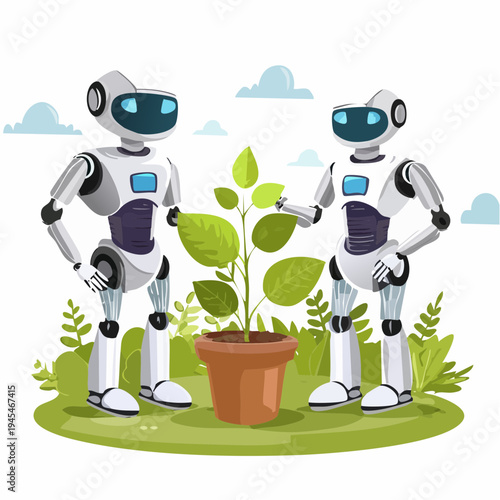 Two humanoid robots working together to plant a tree in a pot. Depicts a futuristic vision where Artificial Intelligence (AI) contributes to environmental restoration and a green future
