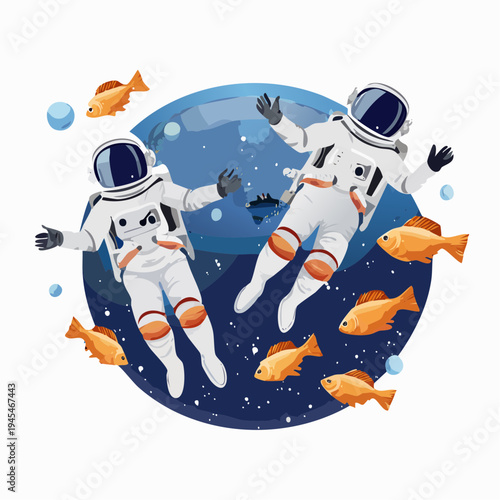 A dreamlike surreal illustration of two astronauts drifting in a circular space void filled with swimming goldfish and floating water droplets. Merging space exploration with marine elements