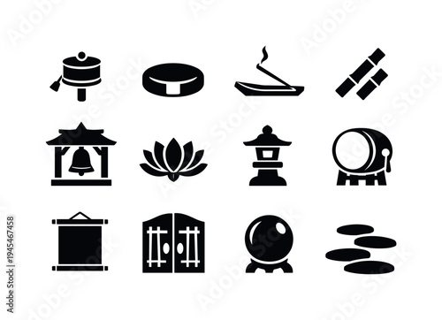 Ancient mountain monastery: prayer wheel, meditation cushion, incense stick, bamboo staff, bell tower, lotus flower, stone lantern, ritual drum, hanging scroll, wooden temple door, mystical