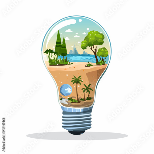 Creative concept of a lush tropical island with palm trees and a blue ocean enclosed inside a glass light bulb, symbolizing sustainable energy, green ideas, and environmental preservation
