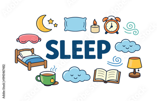 Healthy sleep and nighttime recovery lifestyle focused on rest, relaxation, and habits that support quality sleep and balanced daily energy. SLEEP central title surrounded by flat doodle