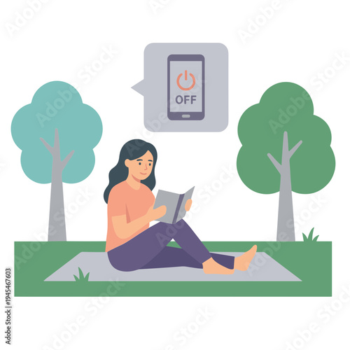 A woman sits on a blanket in the park reading a book while a phone notification appears above her.