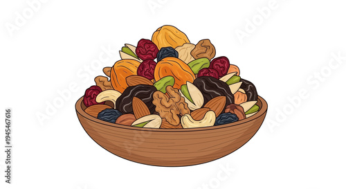Vector illustration of mixed nuts and dried fruits in a bowl