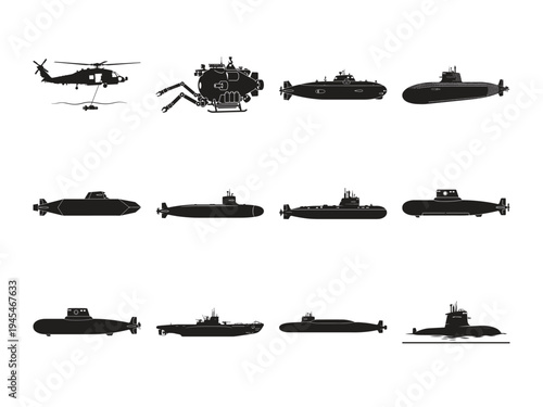 Military submarine and naval vessel silhouette set featuring deep sea submersibles helicopter sonar equipment underwater ocean exploration transport collection bundle