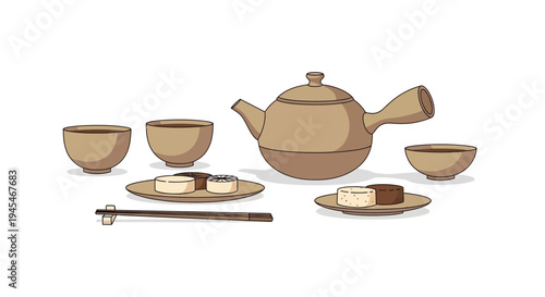 Set of 7 brown tea set icons vector