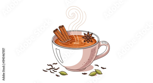 Vector illustration of a steaming cup of chai tea with spices