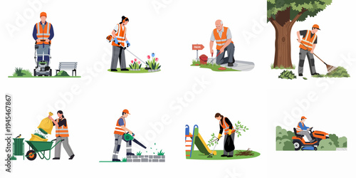 Collection of flat vector illustrations showing professional park maintenance and landscaping workers performing various outdoor cleaning and gardening tasks in orange safety vests.