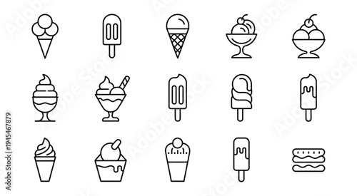 collection of simple linear outline vector illustrations of ice cream and frozen treats, including cones, sundaes, popsicles, and sandwiches, suitable for web design, books, greeting cards, mobile app