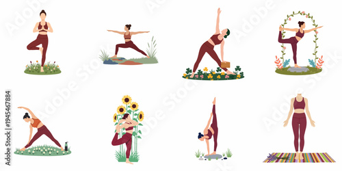 Collection of flat vector illustrations featuring a woman practicing various yoga poses in peaceful outdoor nature settings for health and wellness themes.