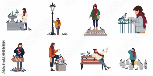Collection of flat vector illustrations depicting women feeding pigeons in various urban park settings during autumn and winter while wearing warm seasonal clothing.