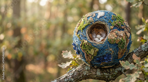 Bird nest shaped like planet earth made from natural twigs and leaves  