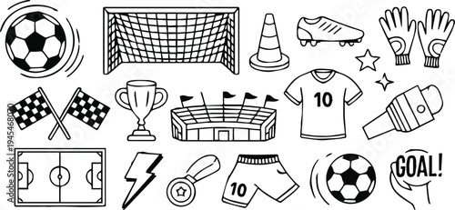 soccer equipment and symbols ball cleat glove jersey trophy field