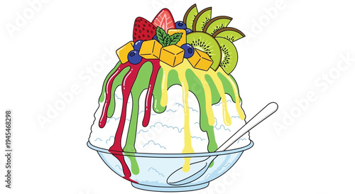 Vector illustration of a colorful shaved ice dessert with fruit