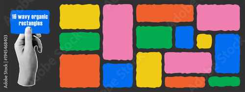 Hand drawn overlay frames. Wavy organic rectangles with soft irregular edges. Halftone collage hand, graphic text box for photos.