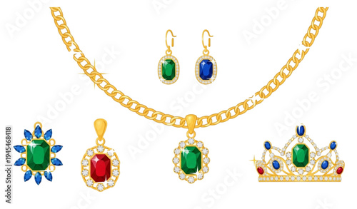 A collection of gold jewelry with precious stones and gems