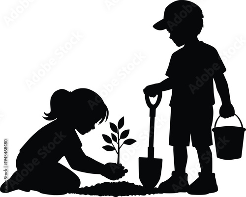 Children gardening together a silhouette depicting a heartwarming scene