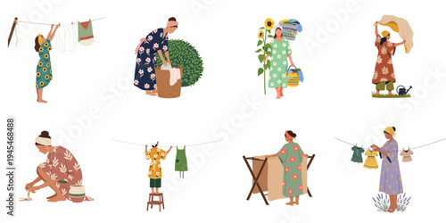 Set of various women characters performing laundry tasks, hanging clothes, and carrying baskets, in a charming rustic and floral illustration style.