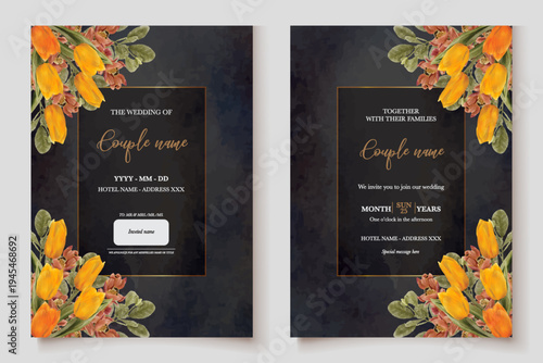 WEDDING INVITATION FRAME WITH FLOWER DECORATIONS AND FRESH LEAVES